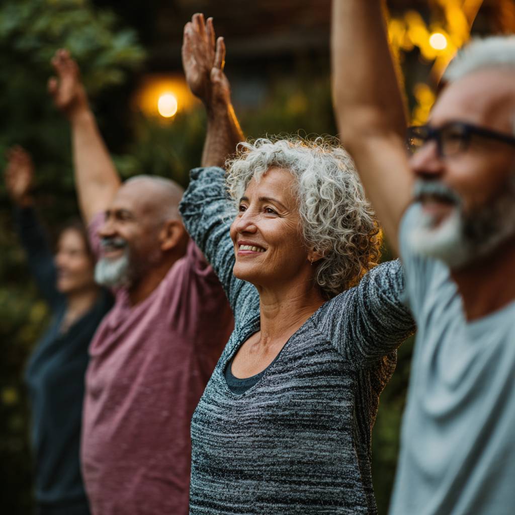 Group of older adults participating in gentle movement session outdoors